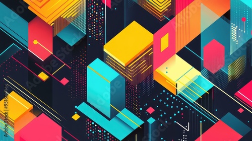 An abstract isometric design featuring vibrant lines and dots in various colors, forming a 3D geometric pattern.