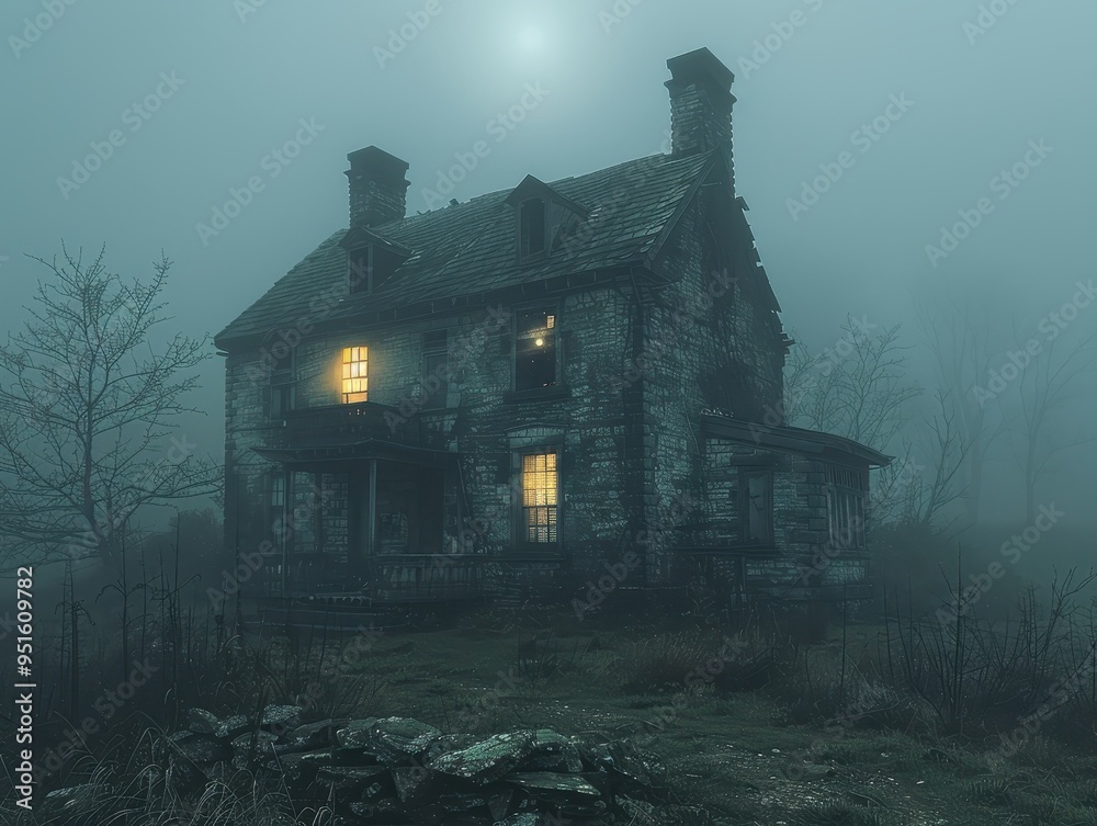 A mysterious old house shrouded in fog, illuminated windows casting an eerie glow in the moonlight. A mysterious old house shrouded in fog, illuminated windows casting an eerie glow in the moonlight.