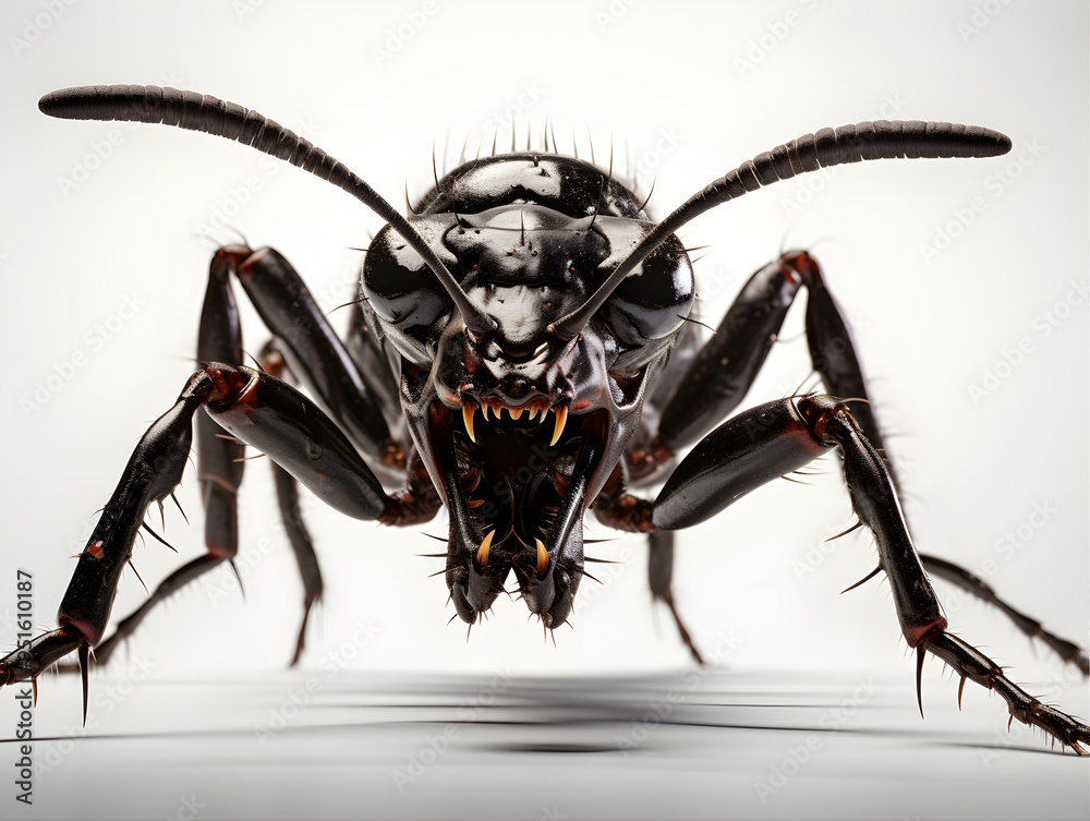 Fototapeta premium This image presents a highly detailed close-up view of an aggressive ant displaying its sharp mandibles, emphasizing its fierce and intimidating appearance, ideal for insect-related content.