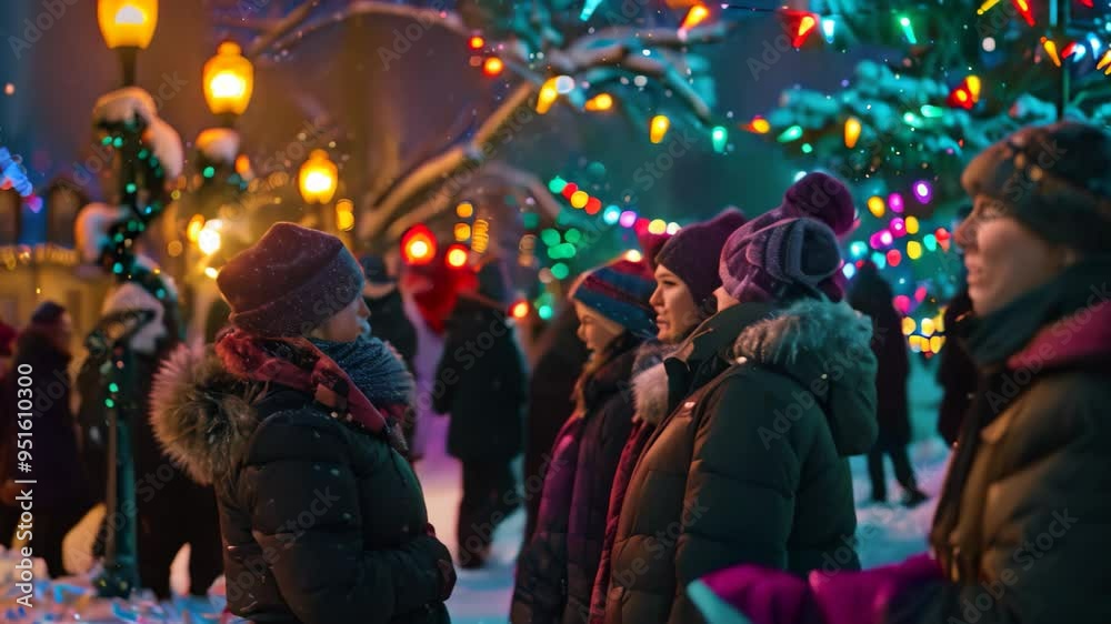 A group of carolers sing Christmas carols on a snowy street lit by festive lights, A group of carolers singing on a snowy street lined with colorful lights A group of carolers sing Christmas carols on a snowy street lit by festive lights, A group of carolers singing on a snowy street lined with colorful lights