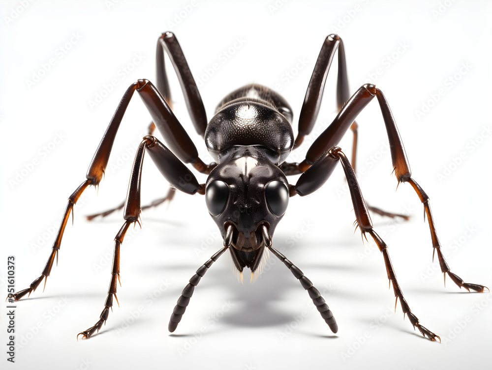 High-resolution macro photograph of a black ant, showcasing the intricate details of its body and legs against a clean white background for stock image use. High-resolution macro photograph of a black ant, showcasing the intricate details of its body and legs against a clean white background for stock image use.