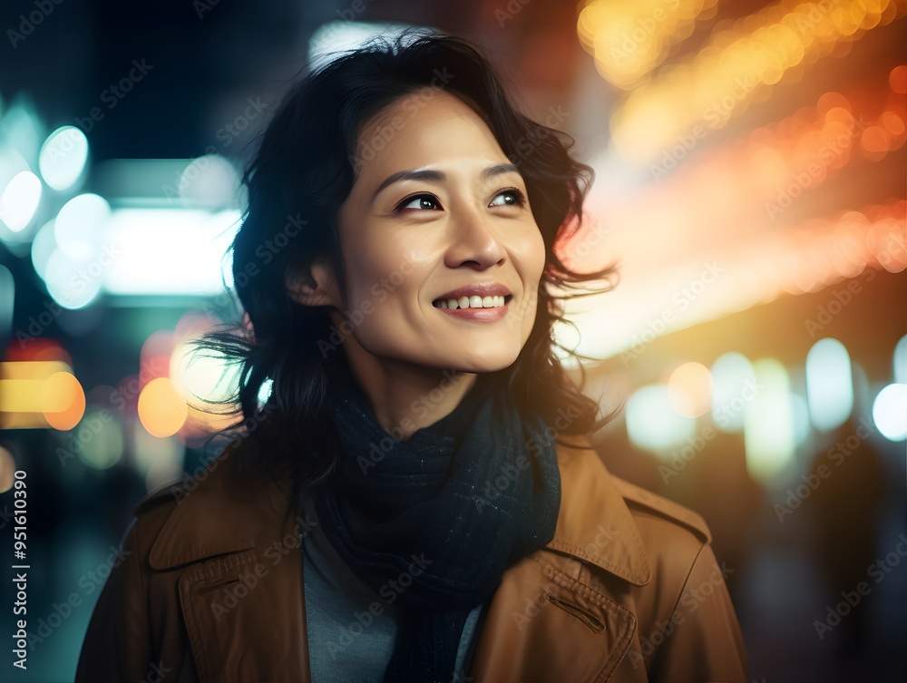 Obraz premium A cheerful Asian woman wearing a scarf and coat, illuminated by the city lights at night, creates a warm and vibrant urban ambiance in this nighttime photograph.