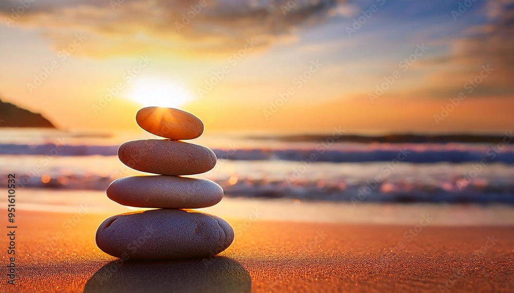 Zen stones balanced in a serene setting with a bokeh beach background effect.
Zen stones balanced in a serene setting with a bokeh beach background effect.