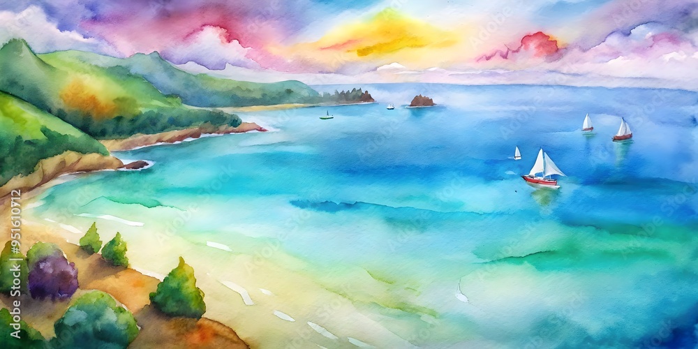 Serene Coastal Landscape With Colorful Sailboats Under Vibrant Sunset Sky Serene Coastal Landscape With Colorful Sailboats Under Vibrant Sunset Sky