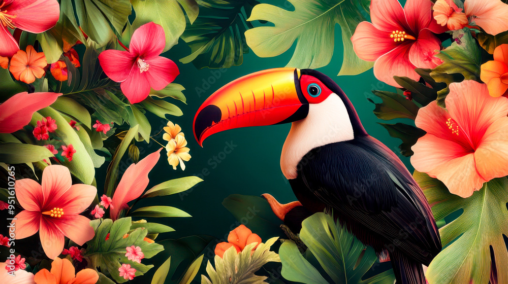 a lush tropical jungle scene featuring a colorful toucan amid rich green foliage and diverse plant species. a lush tropical jungle scene featuring a colorful toucan amid rich green foliage and diverse plant species.