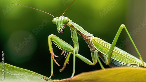 A close-up of a green praying mantis perched on a leaf, its large eyes focused on the camera. The mantis's spiky forelegs are prominently displayed, showcasing its predatory nature.