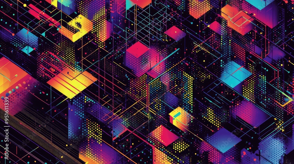 Fototapeta premium An intricate isometric design with vibrant dots and lines forming a complex, colorful abstract pattern.