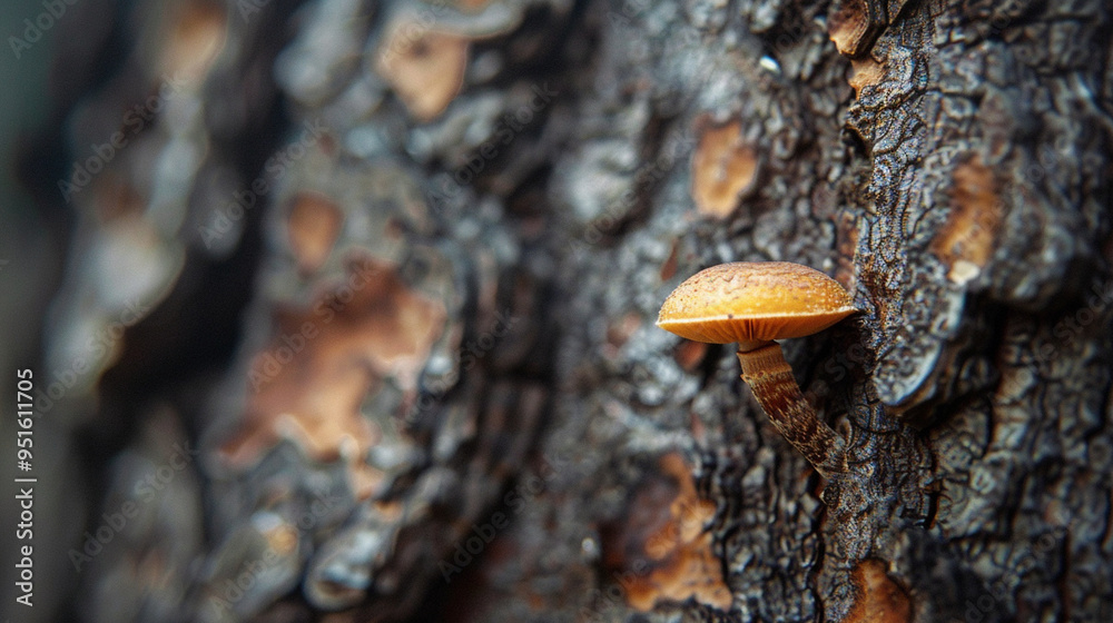 Fototapeta premium Close-up of a tiny mushroom growing on a tree bark, showing the contrast between the soft mushroom and rough bark.