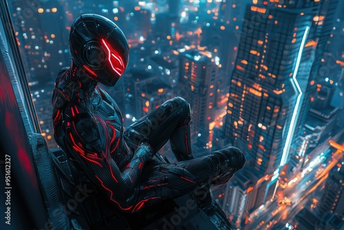 A Futuristic Cyborg Leans Against a Building, Gazing at a Cityscape at Night