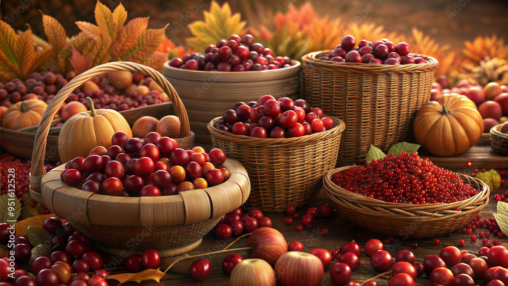 Autumn Harvest Background with Woven Baskets Filled with Fresh Cranberries Autumn Harvest Background with Woven Baskets Filled with Fresh Cranberries