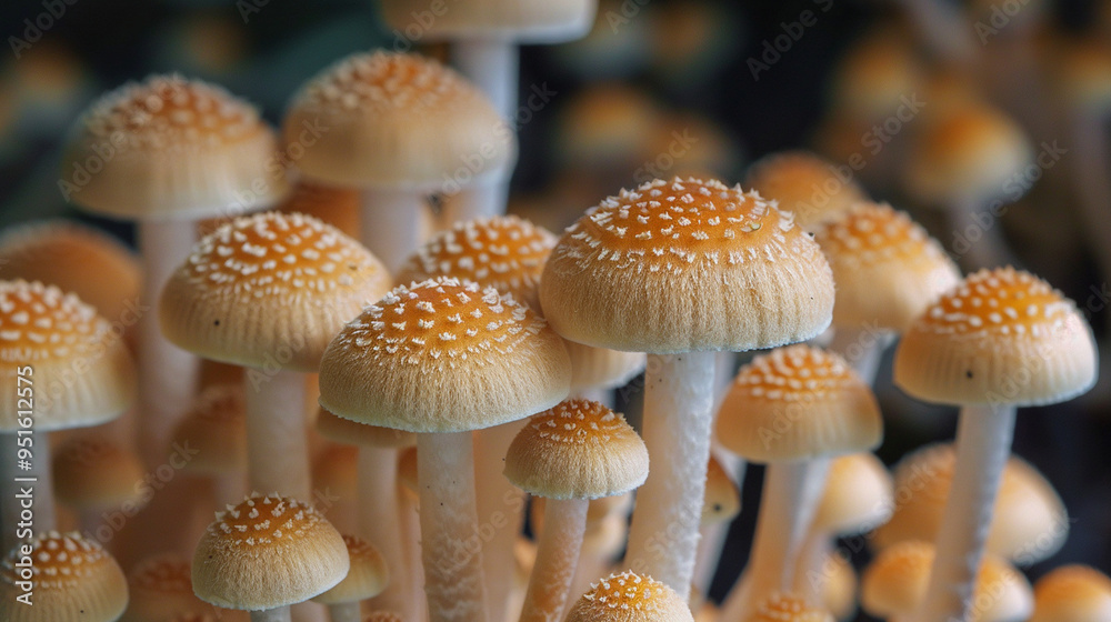 Obraz premium A close-up of a group of mushrooms in various stages of growth, highlighting the diversity in size and shape.