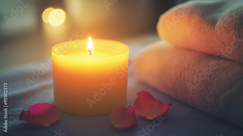 Lit candle with rose petals and folded towels on a soft surface. Spa and relaxation concept for design and print with copy space.
