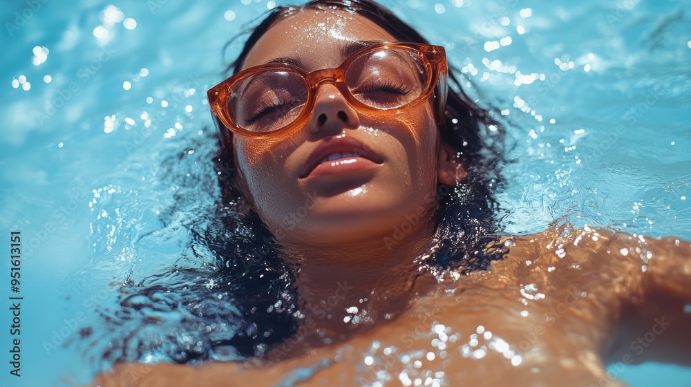 A Woman Enjoying the Cool Water with Sunglasses, Embracing the Last Rays of Summer Sun A Woman Enjoying the Cool Water with Sunglasses, Embracing the Last Rays of Summer Sun