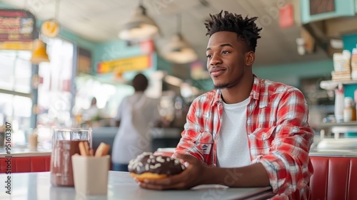 An African man relishing a chocolate-covered doughnut in a casual diner setting.