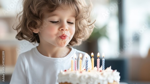 A kid excitedly blowing out candles on a fun, themed birthday cake.