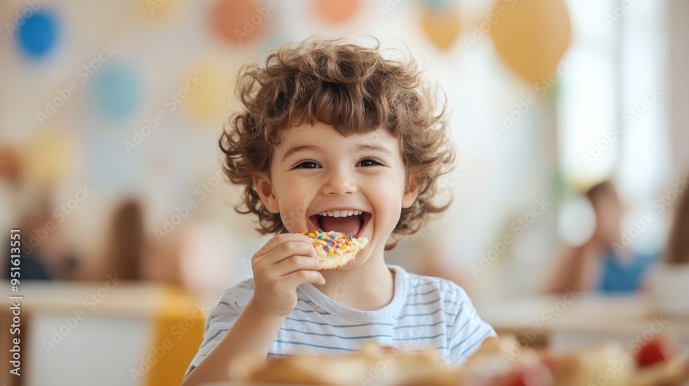 A kid excitedly eating a colorful, cheesy pizza slice at a fun birthday party. A kid excitedly eating a colorful, cheesy pizza slice at a fun birthday party.