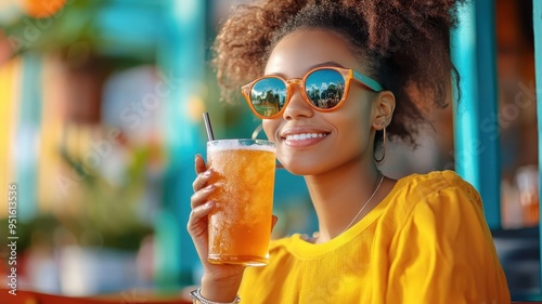 An African woman relishing a fizzy soda while relaxing in a cozy café setting.