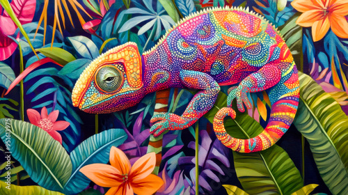 A chameleon is perched on a tree branch, blending in with its surroundings, A chameleon blending seamlessly into its colorful surroundings