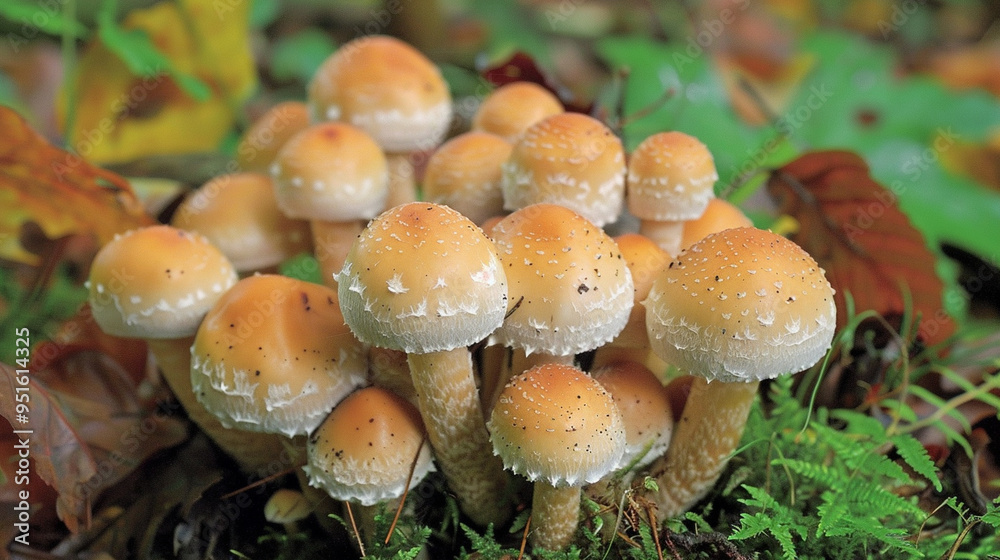 A close-up shot of a small cluster of mushrooms, with their caps just peeking through the forest floor. A close-up shot of a small cluster of mushrooms, with their caps just peeking through the forest floor.