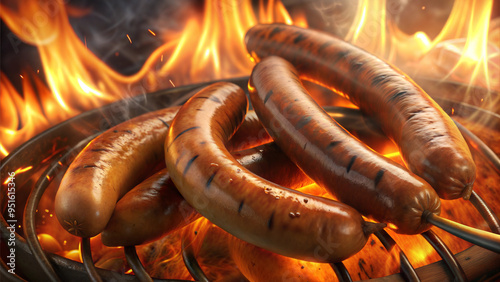 Oktoberfest Background with Close-Up of Grilled Sausages on a Flaming Barbecue photo