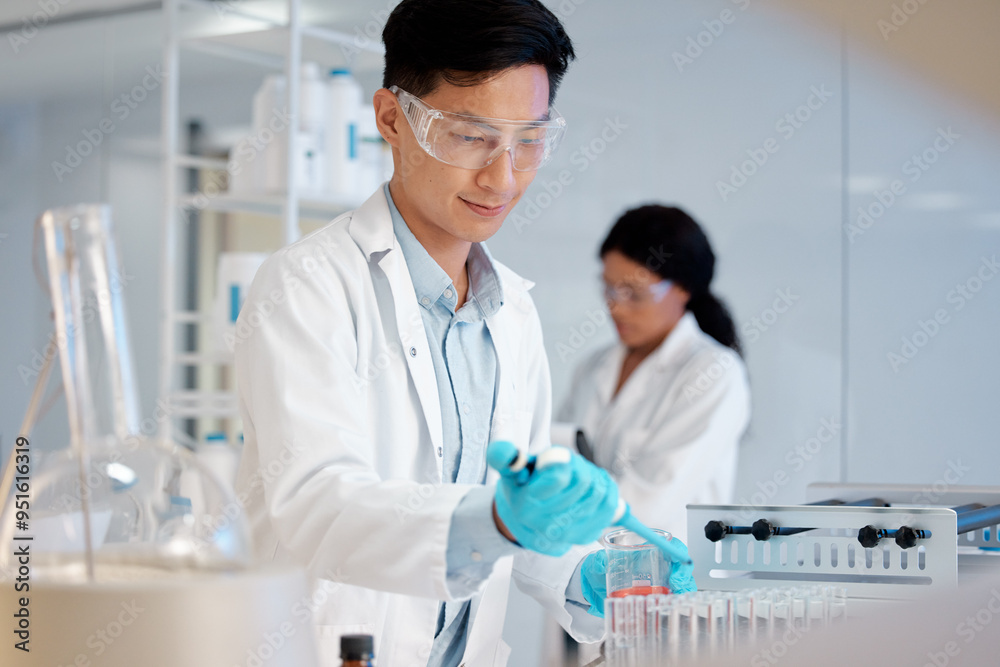 Scientist, test tube and pipette in lab for experiment, biotechnology or monkeypox vaccine development. People, healthcare and chemistry for stem cell, genes editing or microbiome innovation research Scientist, test tube and pipette in lab for experiment, biotechnology or monkeypox vaccine development. People, healthcare and chemistry for stem cell, genes editing or microbiome innovation research
