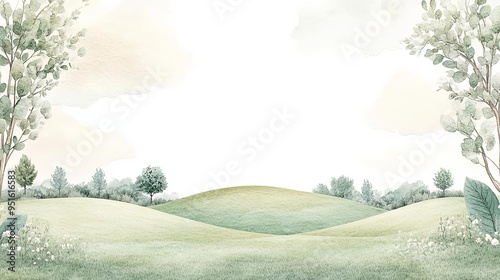 A watercolor depiction of a green field with rolling hills and scattered trees, soft pastel colors, and white space in the middle