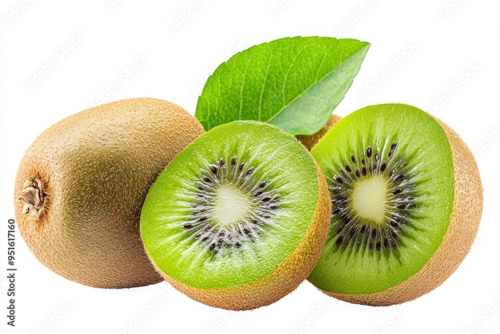 Fototapeta premium Kiwi fruit (kiwifruit) with green leaf isolated on white background with generative ai