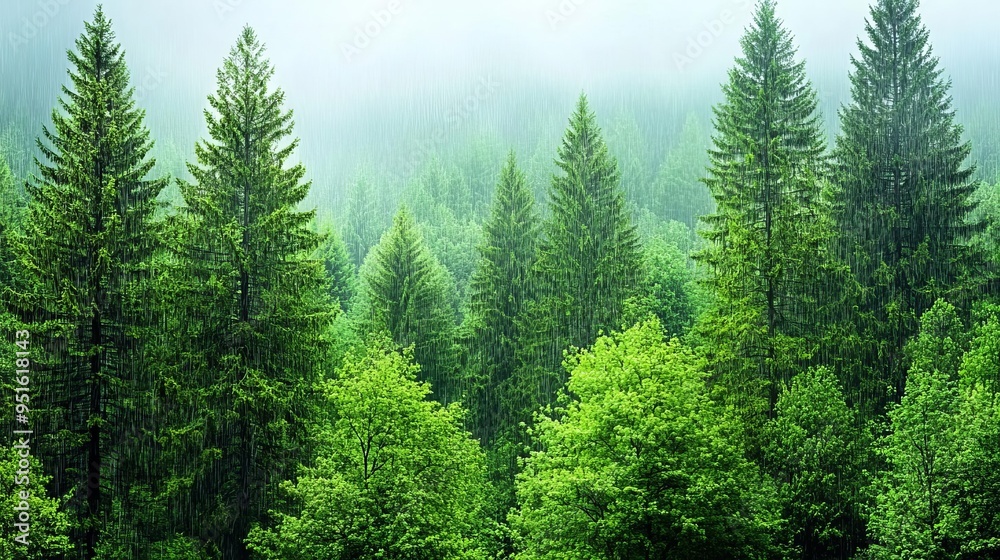 Fototapeta premium Dark rainy forest with mist, deep shadows and soft light, mysterious and haunting, cinematic landscape