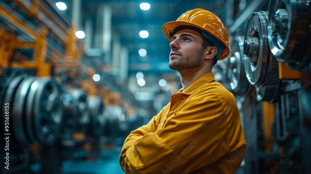 Industrial Visionary: Confident engineer in a hard hat contemplates innovation amidst the intricate machinery of a modern factory, showcasing the future of manufacturing. Industrial Visionary: Confident engineer in a hard hat contemplates innovation amidst the intricate machinery of a modern factory, showcasing the future of manufacturing.