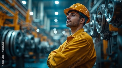 Industrial Visionary: Confident engineer in a hard hat contemplates innovation amidst the intricate machinery of a modern factory, showcasing the future of manufacturing.