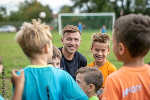 Happy children making sport. Group of happy boys making sports huddle. Smiling kids standing together with coach on grass sports field. Boys talking with coach before the football, Generative AI