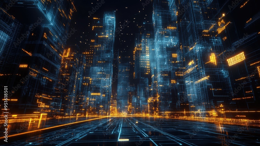 Futuristic cityscape with digital blueprints overlay Futuristic cityscape with digital blueprints overlay