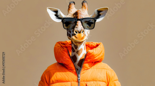 Wallpaper Mural A giraffe wearing sunglasses and a yellow jacket stands in front of a colorful background. Torontodigital.ca