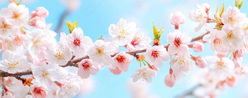 Delicate cherry blossoms in full bloom against a clear blue sky, capturing the essence of spring in Japan Delicate cherry blossoms in full bloom against a clear blue sky, capturing the essence of spring in Japan