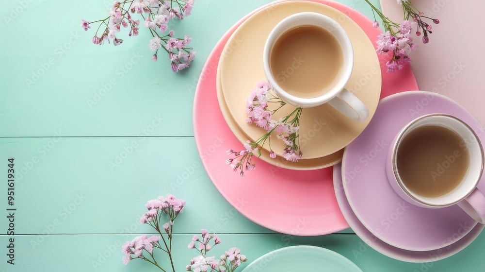Pastel Teacups with Pink Flowers on Aqua Wood Background Pastel Teacups with Pink Flowers on Aqua Wood Background