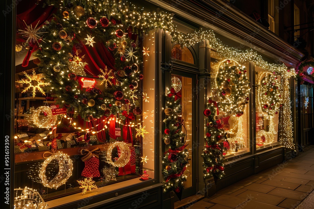 Fototapeta premium Festively decorated shop window with Christmas lights and wreaths