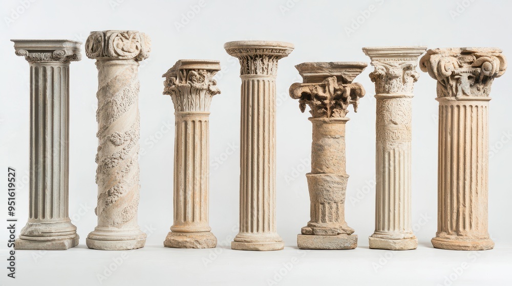 Obraz premium A collection of ancient columns showcasing various architectural styles and designs.