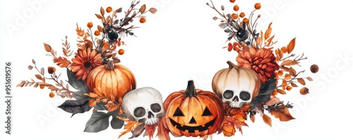 A Halloween wreath adorned with spooky decorations and intricate details, set against a white background in watercolor style.