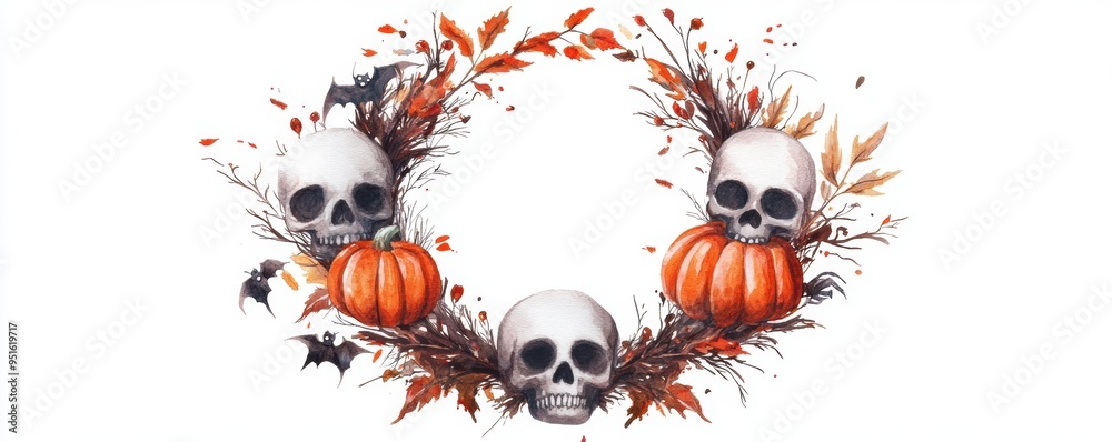 A Halloween wreath adorned with spooky decorations and intricate details, set against a white background in watercolor style. A Halloween wreath adorned with spooky decorations and intricate details, set against a white background in watercolor style.
