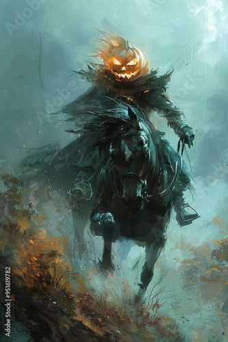 Headless Horseman: The Headless Horseman, a jack-o-lantern as its head, riding a black horse through a dark, foggy forest.