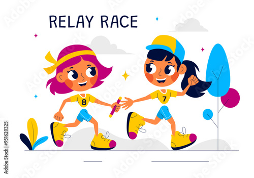 Relay Race Vector Illustration by Passing the Baton to Teammates Until Reaching the Finish Line in a Sports Championship on a Flat Cartoon Background