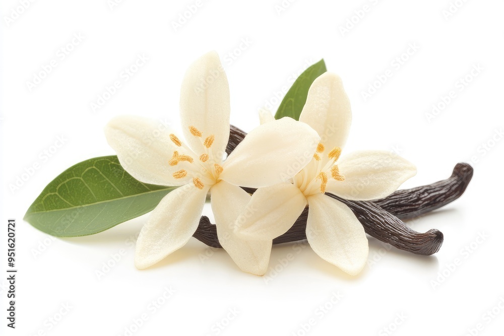 Light beige delicate vanilla flower with pods and leaves isolated on a white background with generative ai