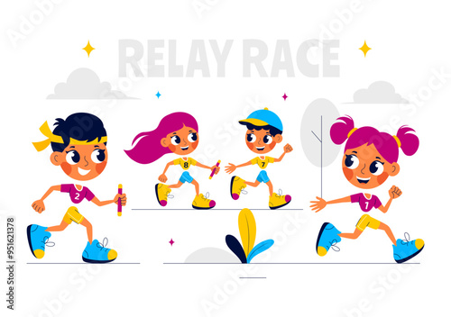 Relay Race Vector Illustration by Passing the Baton to Teammates Until Reaching the Finish Line in a Sports Championship on a Flat Cartoon Background
