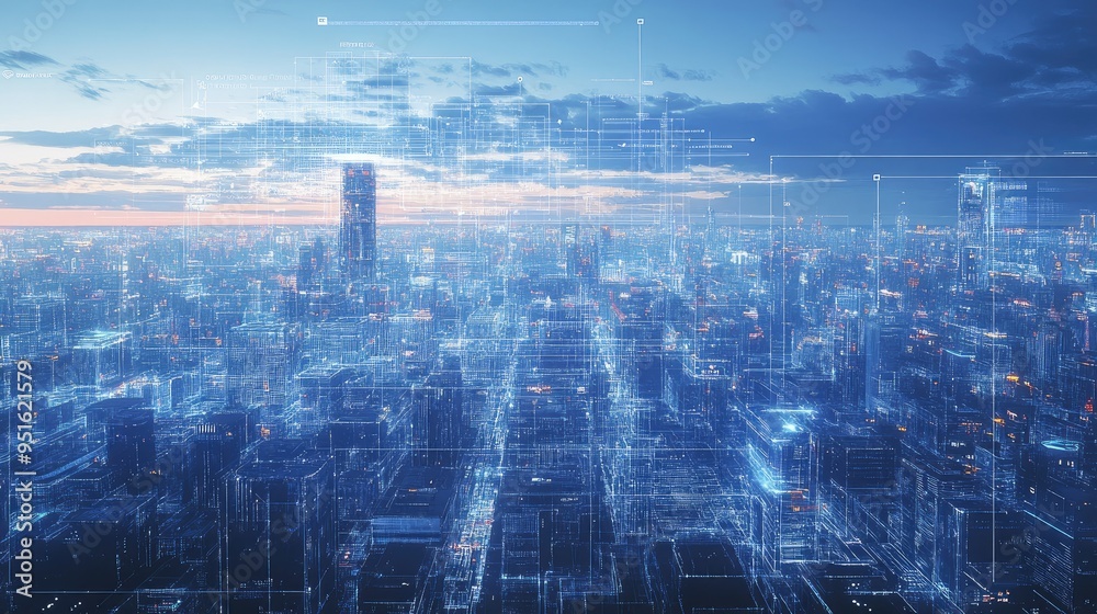 Obraz premium Futuristic cityscape with digital blueprints overlay