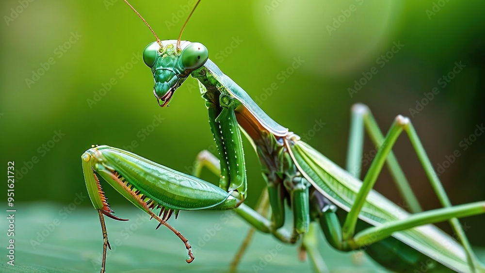 A green praying mantis with large, prominent eyes, perched on a green leaf, facing the camera. A green praying mantis with large, prominent eyes, perched on a green leaf, facing the camera.