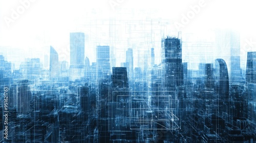 Futuristic cityscape with digital blueprints overlay