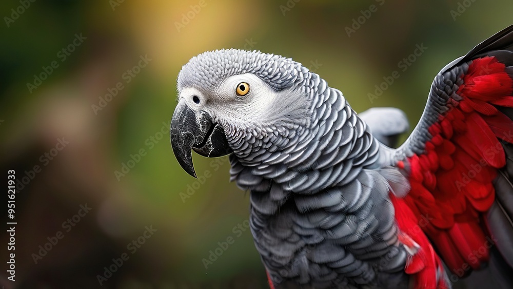Fototapeta premium A grey parrot with red wings looking directly at the camera with its wings slightly outstretched.