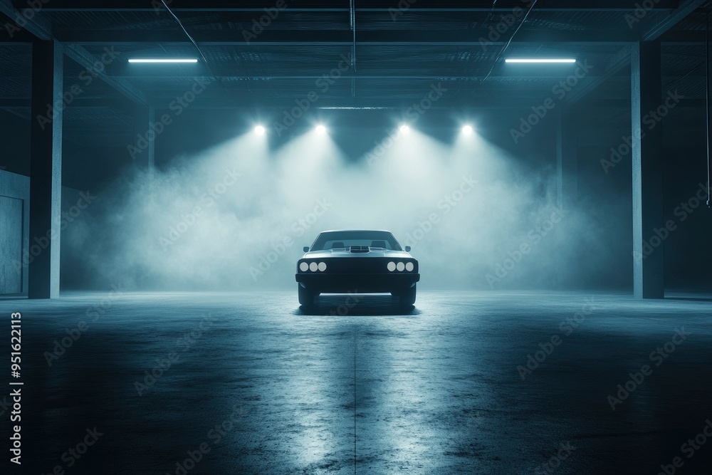 Front view dark smokey garage interior with spotlight and concrete floor, car background and empty stage concept. with generative ai Front view dark smokey garage interior with spotlight and concrete floor, car background and empty stage concept. with generative ai