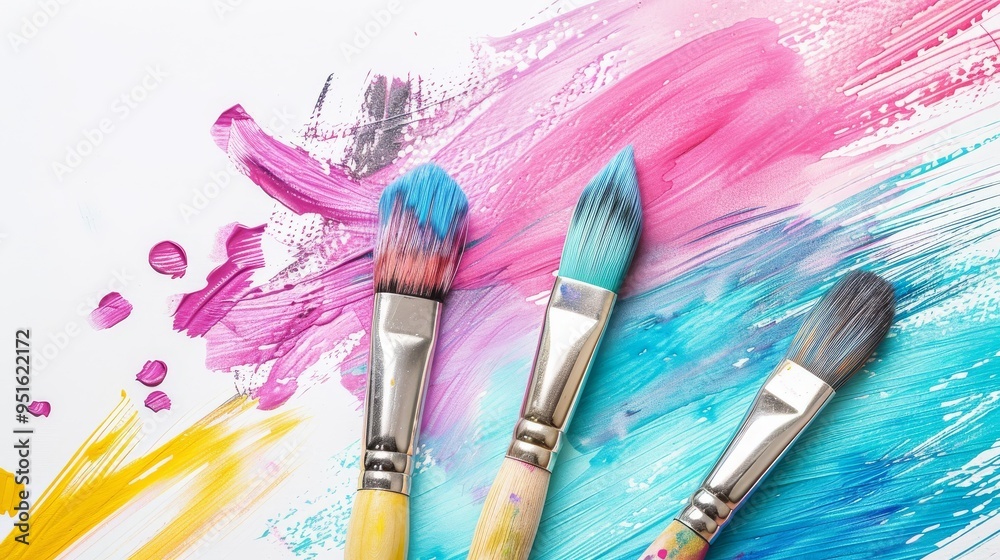 Obraz premium Colorful Paintbrushes on White Background with Abstract Paint Splashes