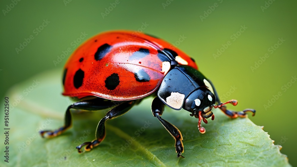 Fototapeta premium A ladybug with red wings and black spots perched on a green leaf.
